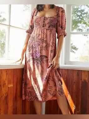 Anthropologie smocked bodice floral print midi with puffed sleeves